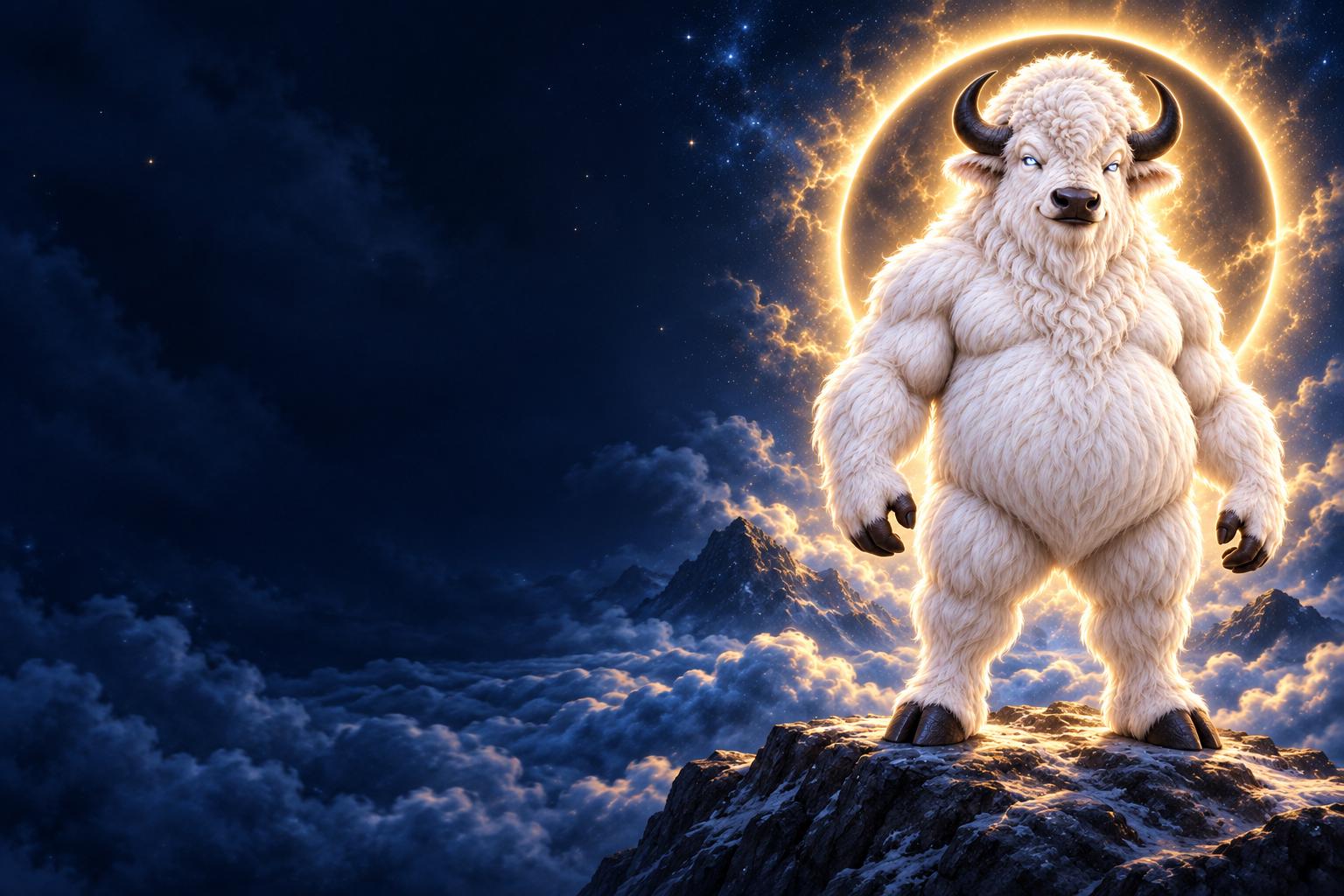 The Great White Buffalo standing above a sea of cosmic clouds beneath a golden eclipse